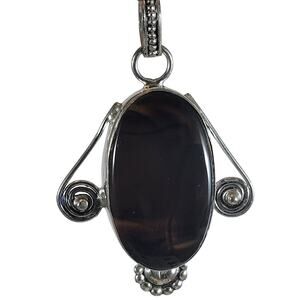 Handmade Silver Pendant With Oval Black Onyx Gemstone & Elegant Swirl Detailing